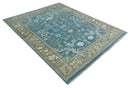 8x10 Blue and Olive Traditional Oushak Wool Rug, Large Patterns