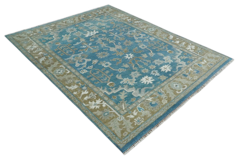 8x10 Blue and Olive Traditional Oushak Wool Rug, Large Patterns