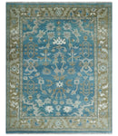 8x10 Blue and Olive Traditional Oushak Wool Rug, Large Patterns