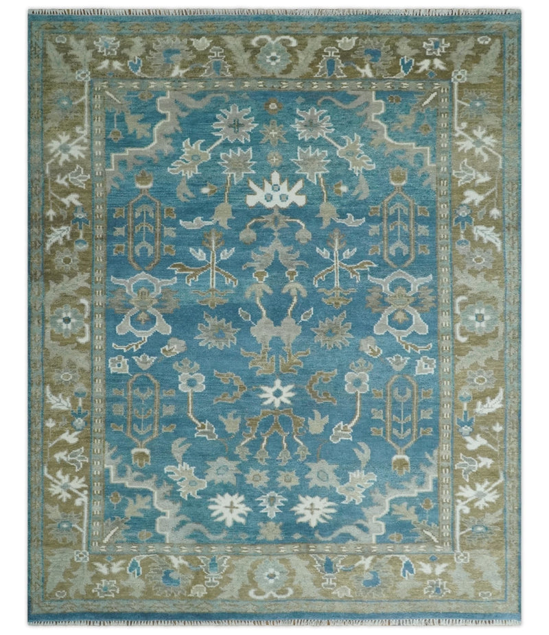 8x10 Blue and Olive Traditional Oushak Wool Rug, Large Patterns