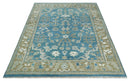 8x10 Blue and Olive Traditional Oushak Wool Rug, Large Patterns