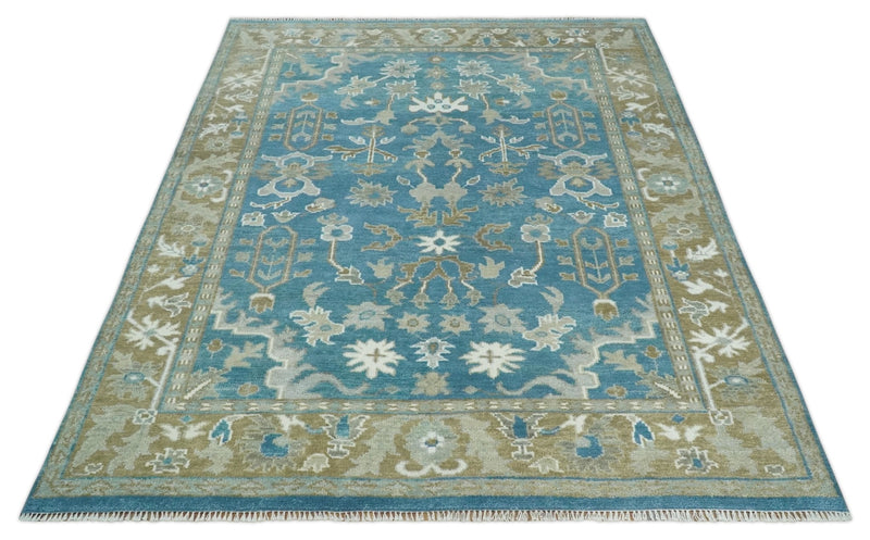 8x10 Blue and Olive Traditional Oushak Wool Rug, Large Patterns