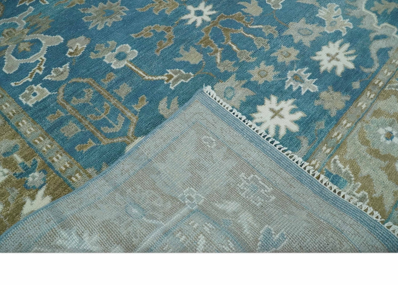 8x10 Blue and Olive Traditional Oushak Wool Rug, Large Patterns