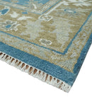 8x10 Blue and Olive Traditional Oushak Wool Rug, Large Patterns