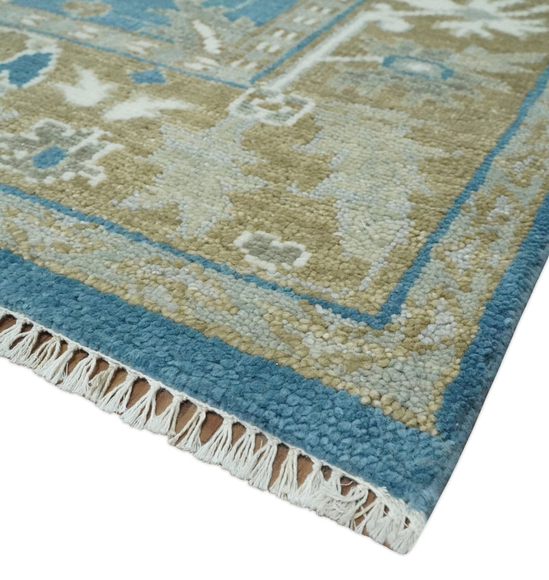 8x10 Blue and Olive Traditional Oushak Wool Rug, Large Patterns