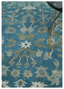 8x10 Blue and Olive Traditional Oushak Wool Rug, Large Patterns
