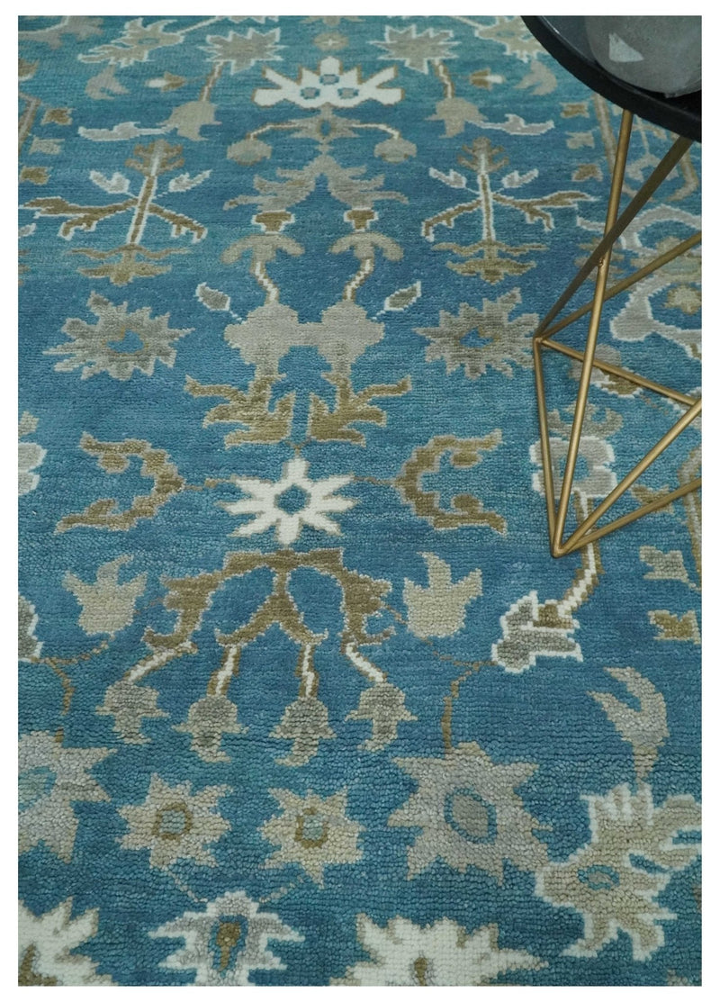 8x10 Blue and Olive Traditional Oushak Wool Rug, Large Patterns