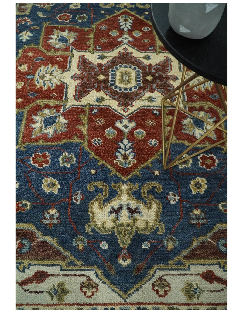 8x10 Blue and Rust Traditional Hand Knotted Heriz Serapi Rug | TRDCP165810