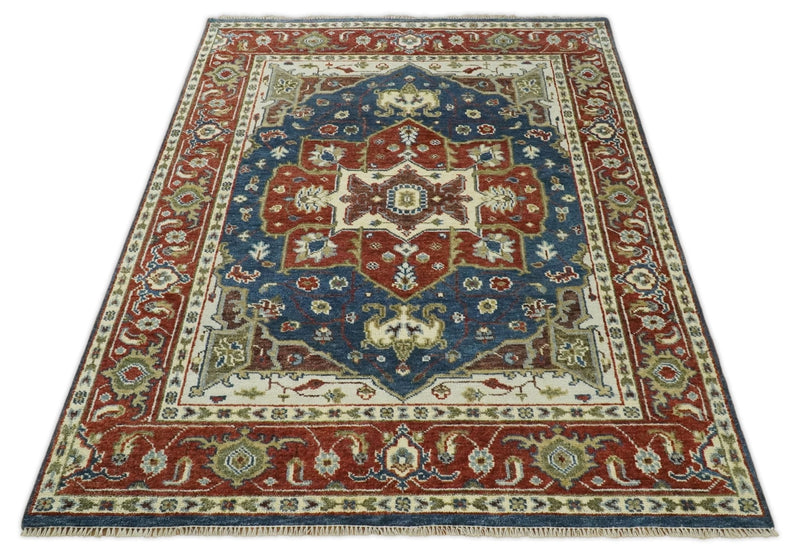 8x10 Blue and Rust Traditional Hand Knotted Heriz Serapi Rug | TRDCP165810