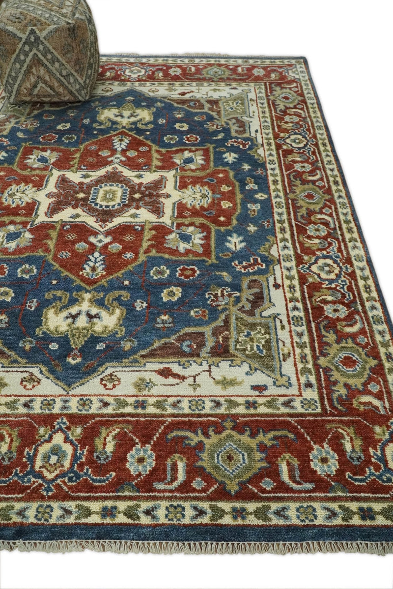 8x10 Blue and Rust Traditional Hand Knotted Heriz Serapi Rug | TRDCP165810