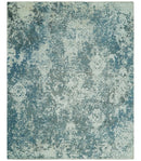 Beige and Teal Modern Abstract Hand Knotted Wool Area Rug 8x10