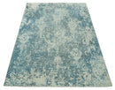 Beige and Teal Modern Abstract Hand Knotted Wool Area Rug 8x10