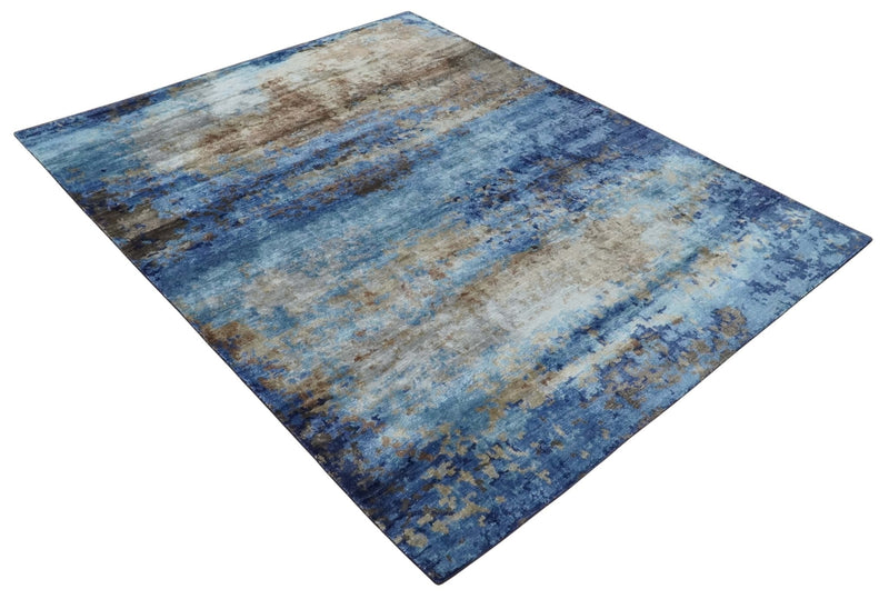 8x10 Blue, Beige and Brown Modern Abstract Hand Knotted wool and bamboo Silk Area Rug