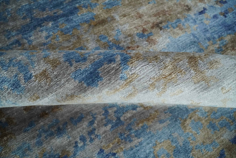 8x10 Blue, Beige and Brown Modern Abstract Hand Knotted wool and bamboo Silk Area Rug