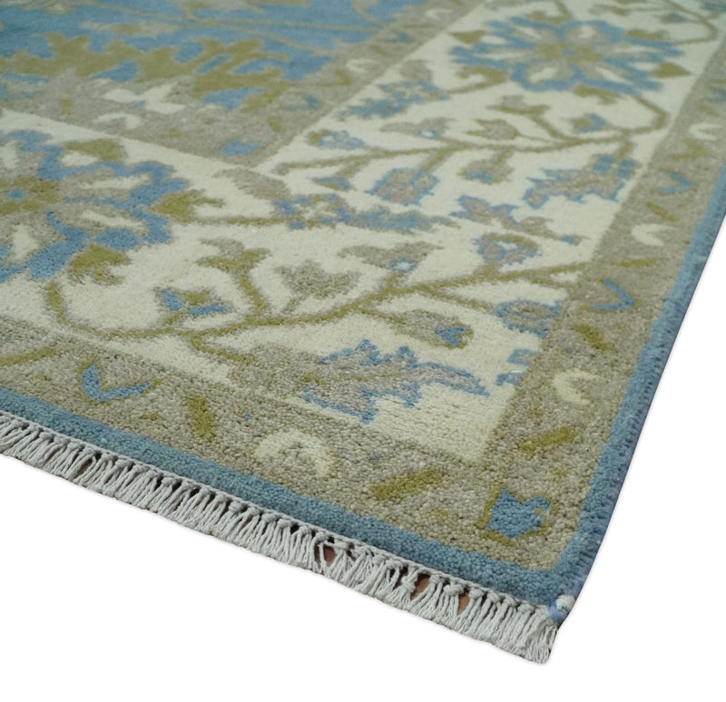 8x10 Blue, Ivory and Olive Hand Knotted Heriz Serapi Floral Area Rug | TRDCP1181810