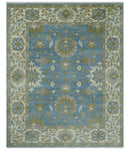 8x10 Blue, Ivory and Olive Hand Knotted Heriz Serapi Floral Area Rug | TRDCP1181810