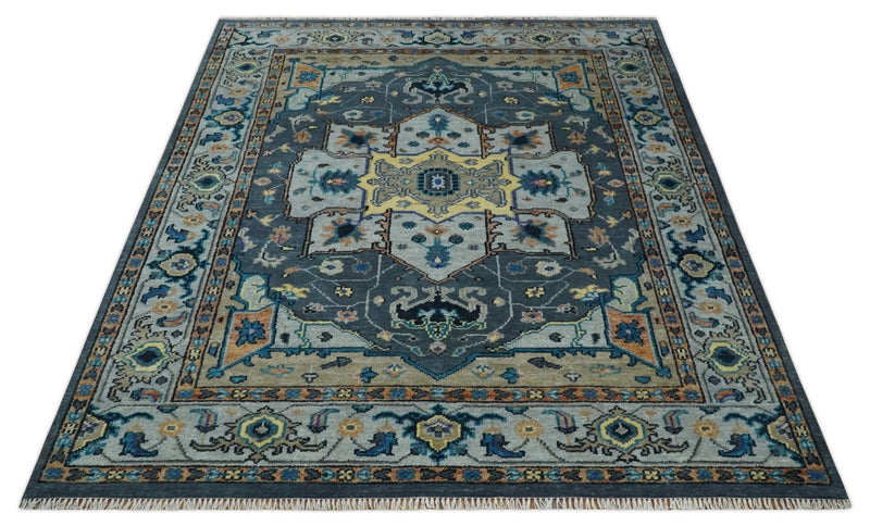 8x10 Blue, Silver and Beige Hand Knotted Traditional Heriz Serapi Wool Area Rug