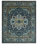8x10 Blue, Silver and Beige Hand Knotted Traditional Heriz Serapi Wool Area Rug