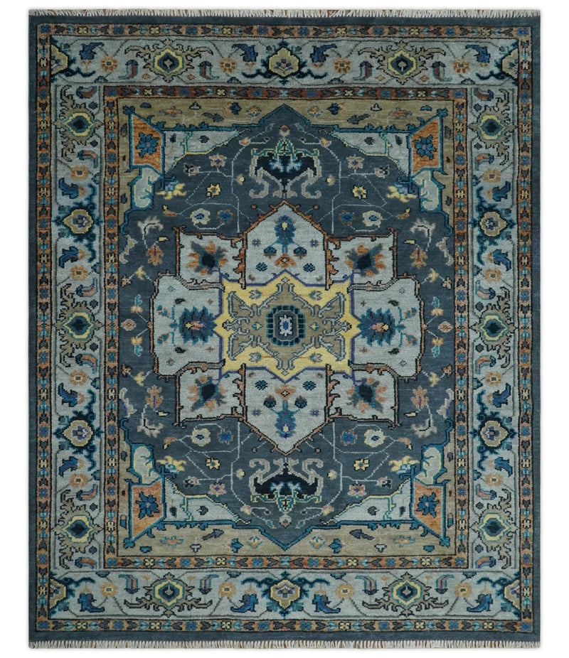 8x10 Blue, Silver and Beige Hand Knotted Traditional Heriz Serapi Wool Area Rug