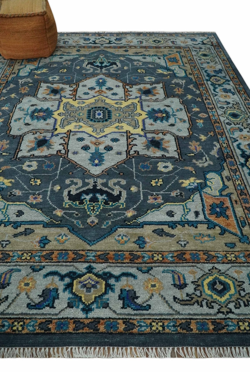 8x10 Blue, Silver and Beige Hand Knotted Traditional Heriz Serapi Wool Area Rug