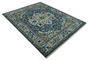 8x10 Blue, Silver and Beige Hand Knotted Traditional Heriz Serapi Wool Area Rug
