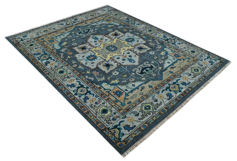 8x10 Blue, Silver and Beige Hand Knotted Traditional Heriz Serapi Wool Area Rug