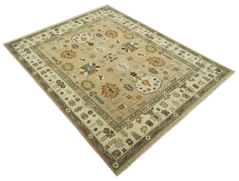 8x10 Camel, Ivory and Gray Hand knotted Oriental Oushak wool area rug