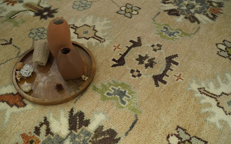 8x10 Camel, Ivory and Gray Hand knotted Oriental Oushak wool area rug