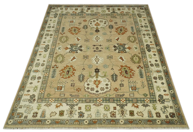 8x10 Camel, Ivory and Gray Hand knotted Oriental Oushak wool area rug