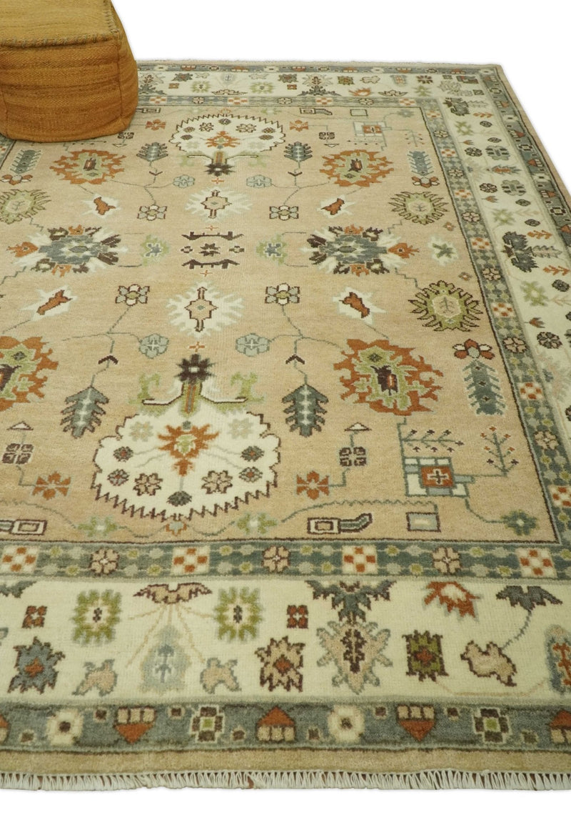 8x10 Camel, Ivory and Gray Hand knotted Oriental Oushak wool area rug
