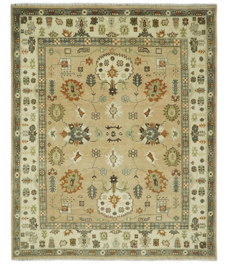 8x10 Camel, Ivory and Gray Hand knotted Oriental Oushak wool area rug