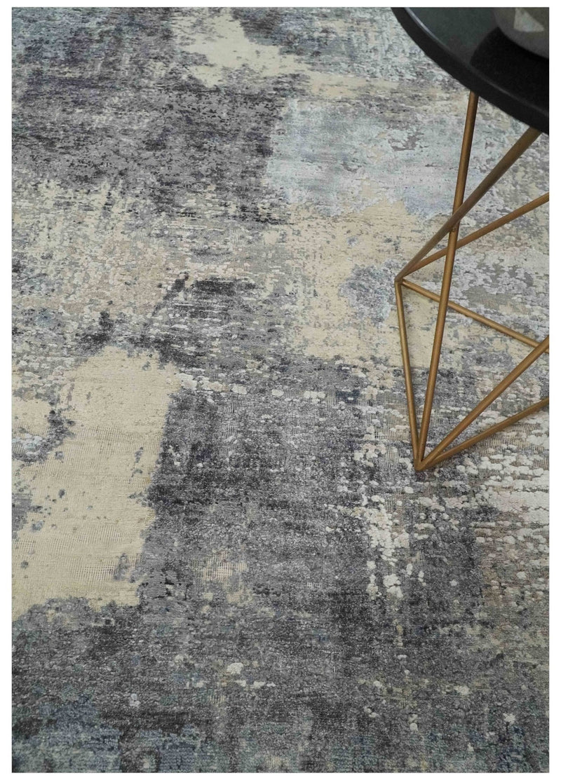8x10 Charcoal, Beige and Gray Modern Abstract Distressed Finish High Low texture Hand Knotted Rug