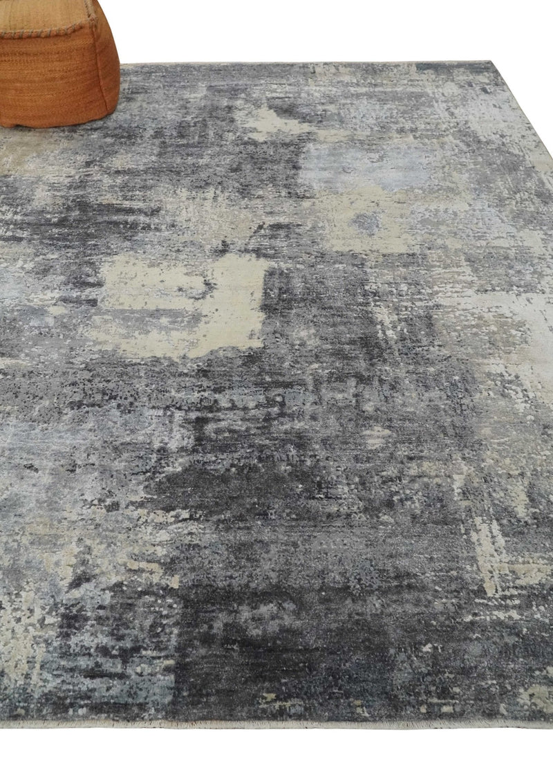 8x10 Charcoal, Beige and Gray Modern Abstract Distressed Finish High Low texture Hand Knotted Rug