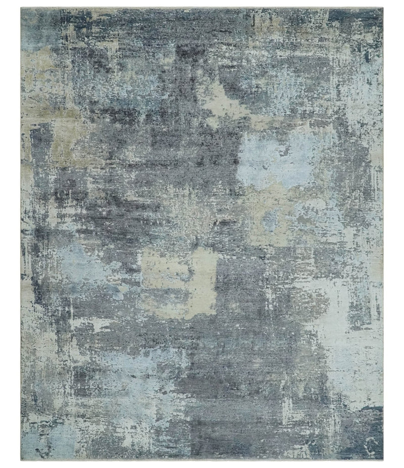 8x10 Charcoal, Beige and Gray Modern Abstract Distressed Finish High Low texture Hand Knotted Rug