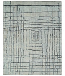 8x10 Contemporary Stripes pattern Beige, Silver and Charcoal Hand knotted wool Area Rug by The Rug Decor