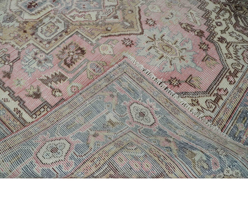 8x10 Distressed Low Pile Hand knotted Beige, Peach and Silver Wool Area Rug