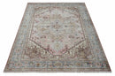 8x10 Distressed Low Pile Hand knotted Beige, Peach and Silver Wool Area Rug