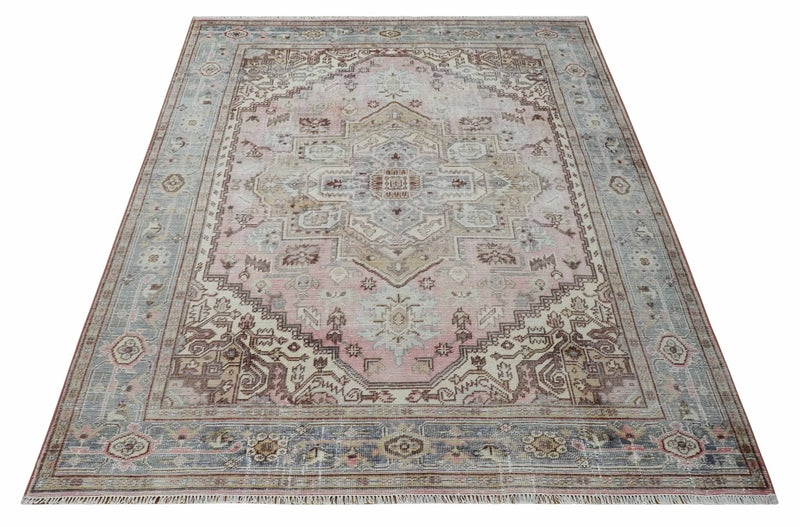 8x10 Distressed Low Pile Hand knotted Beige, Peach and Silver Wool Area Rug