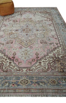8x10 Distressed Low Pile Hand knotted Beige, Peach and Silver Wool Area Rug