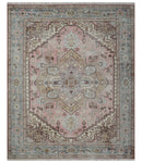 8x10 Distressed Low Pile Hand knotted Beige, Peach and Silver Wool Area Rug