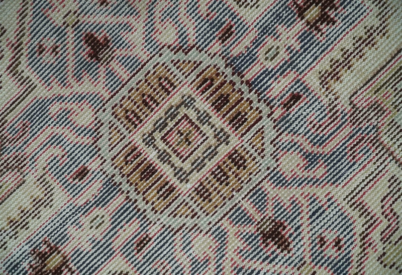 8x10 Distressed Low Pile Hand knotted Beige, Peach and Silver Wool Area Rug