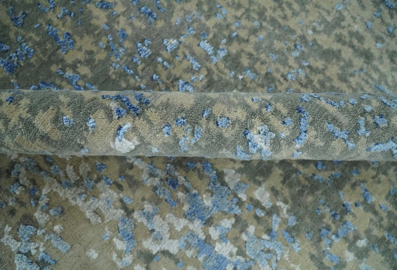 8x10 Fine Blue, Ivory and Beige Hand knotted Abstract wool and Art Silk Area Rug