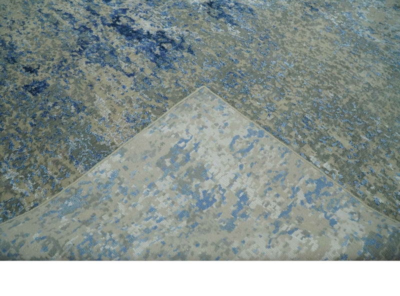 8x10 Fine Blue, Ivory and Beige Hand knotted Abstract wool and Art Silk Area Rug