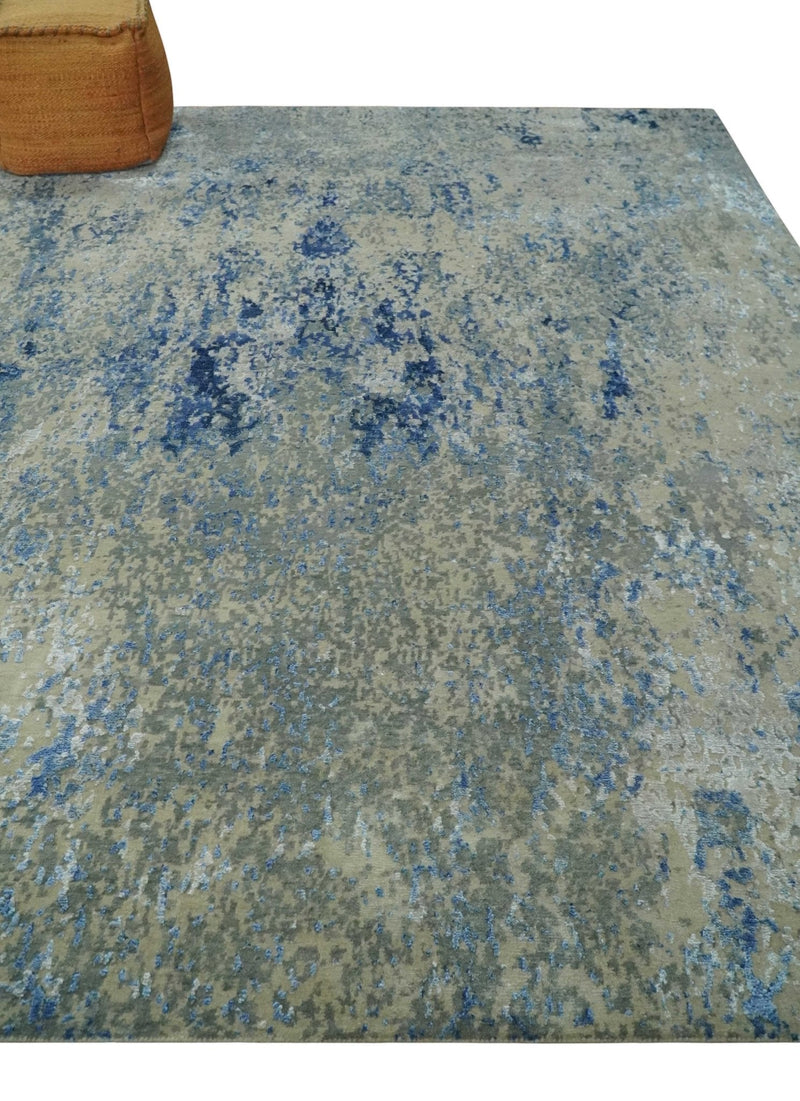 8x10 Fine Blue, Ivory and Beige Hand knotted Abstract wool and Art Silk Area Rug