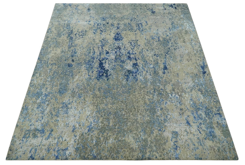 8x10 Fine Blue, Ivory and Beige Hand knotted Abstract wool and Art Silk Area Rug