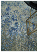 8x10 Fine Blue, Ivory and Beige Hand knotted Abstract wool and Art Silk Area Rug