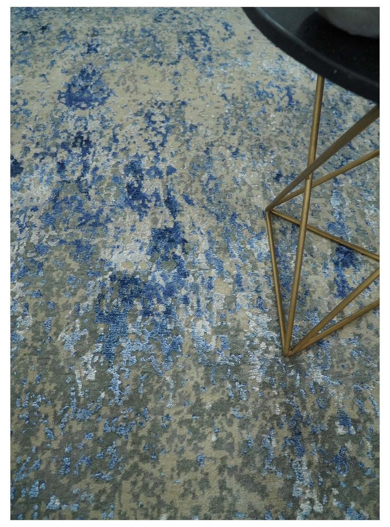 8x10 Fine Blue, Ivory and Beige Hand knotted Abstract wool and Art Silk Area Rug