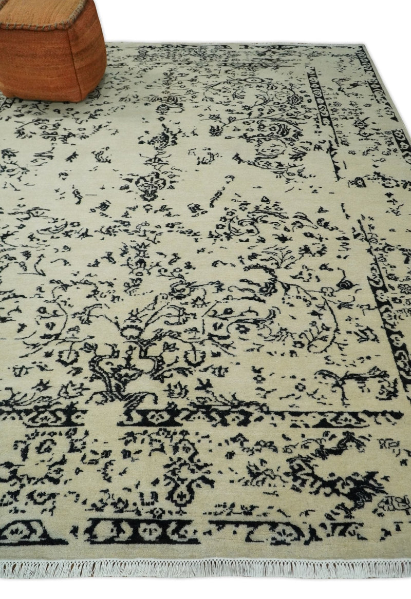 8x10 Fine Hand Knotted Beige and Black Traditional Vintage Persian Antique Wool Rug | AGR35