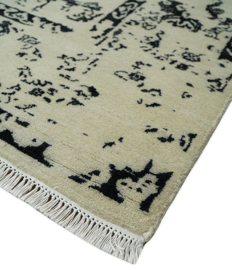 8x10 Fine Hand Knotted Beige and Black Traditional Vintage Persian Antique Wool Rug | AGR35