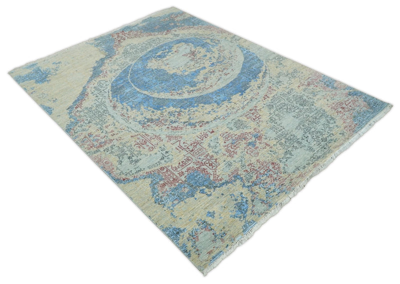 8x10 Fine Hand Knotted Beige and Blue Modern Abstract Style Antique Wool and Silk Area Rug | AGR37